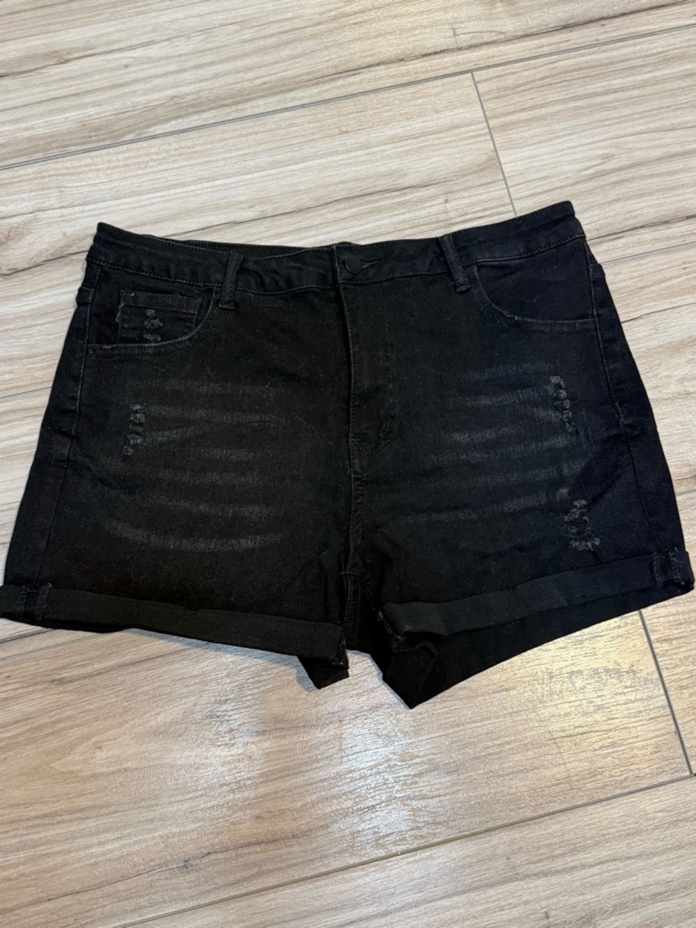 SHEIN Black Distressed Roll Cuff Denim Shorts